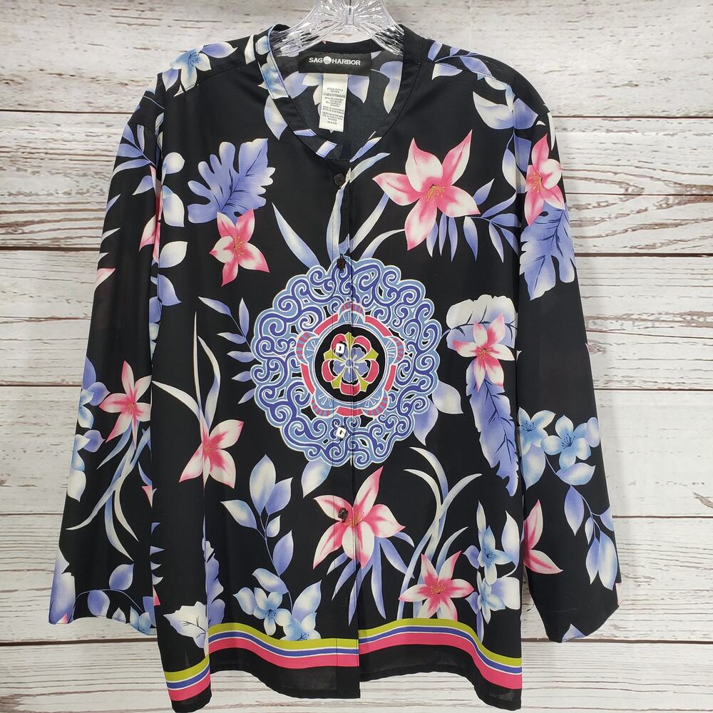 Sag Harbor Women's Floral Button Front Long Sleeve Top Size XL